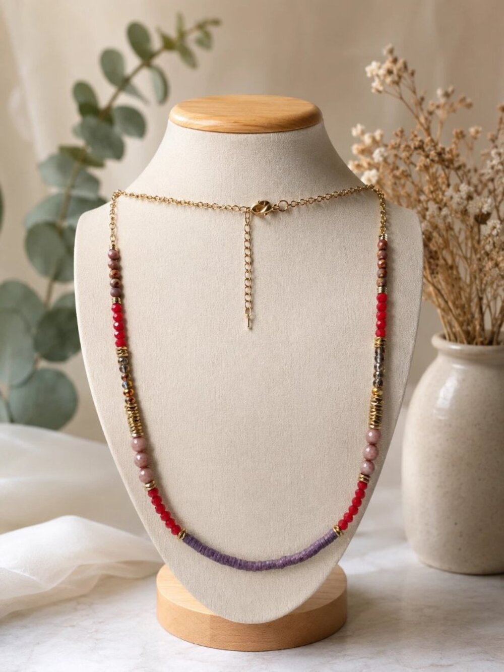 Boho Long Beaded Necklace Gold Tone Chain Red Pink Purple 34-37"
